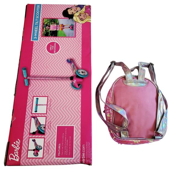 NIB Mattel Barbie 3-Wheel Tilt Scooter & Barbie Pink Sequin Back Pack Bundle LOT - Picture 4 of 10